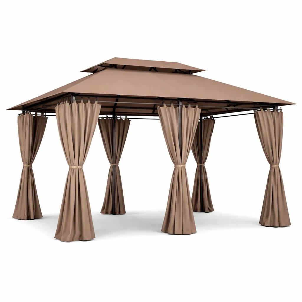 Tonnelle de jardin en métal avec rideaux en polyester marron 300x400 cm-furniaesthetic