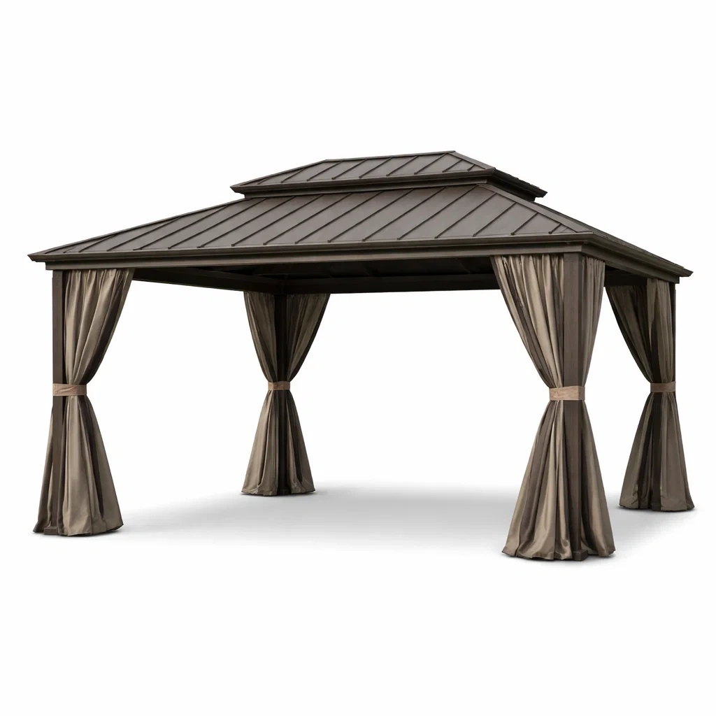 Tonnelle de jardin en aluminium et acier avec rideaux en polyester marron 400x300x275 cm-furniaesthetic