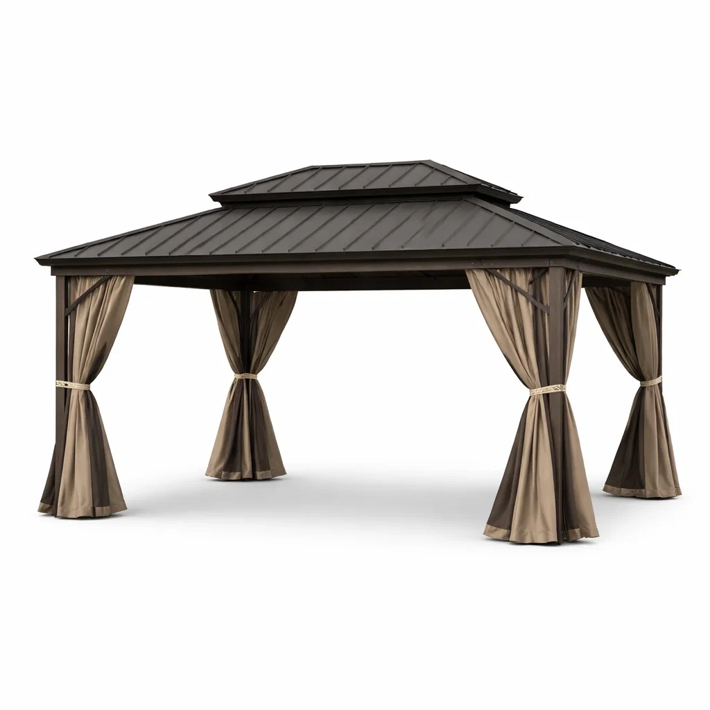 Tonnelle de jardin en aluminium avec rideaux en polyester et toit en acier-furniaesthetic