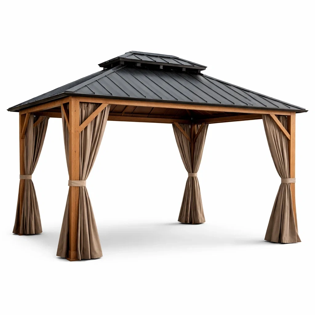 Tonnelle de jardin en bois et aluminium avec rideaux en polyester-furniaesthetic