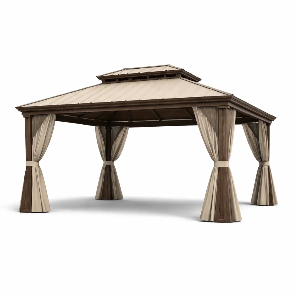 Tonnelle de jardin en aluminium avec toit en acier et rideaux en polyester-furniaesthetic