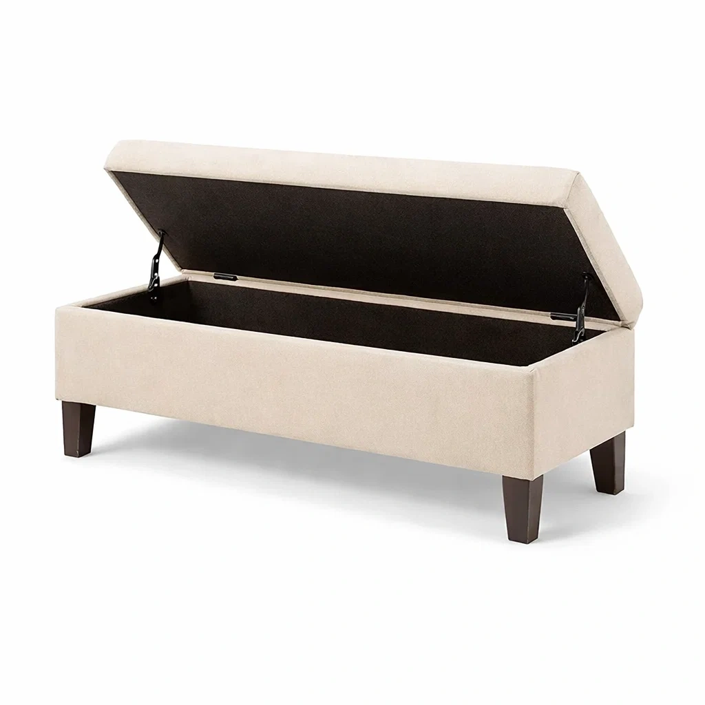 Banc de rangement en tissu beige avec pieds en bois massif-Decohousey