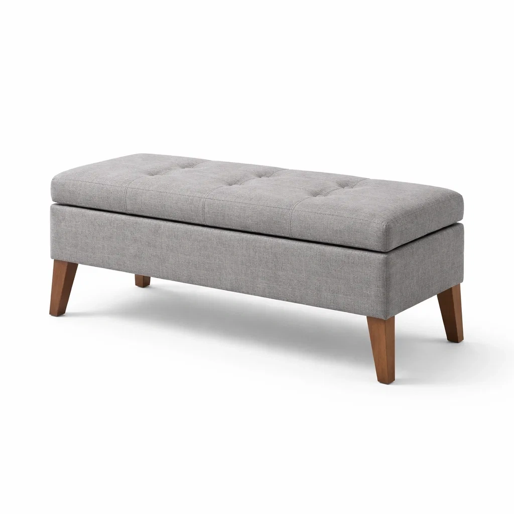 Banc de rangement en tissu polyester gris avec pieds en bois massif-Decohousey