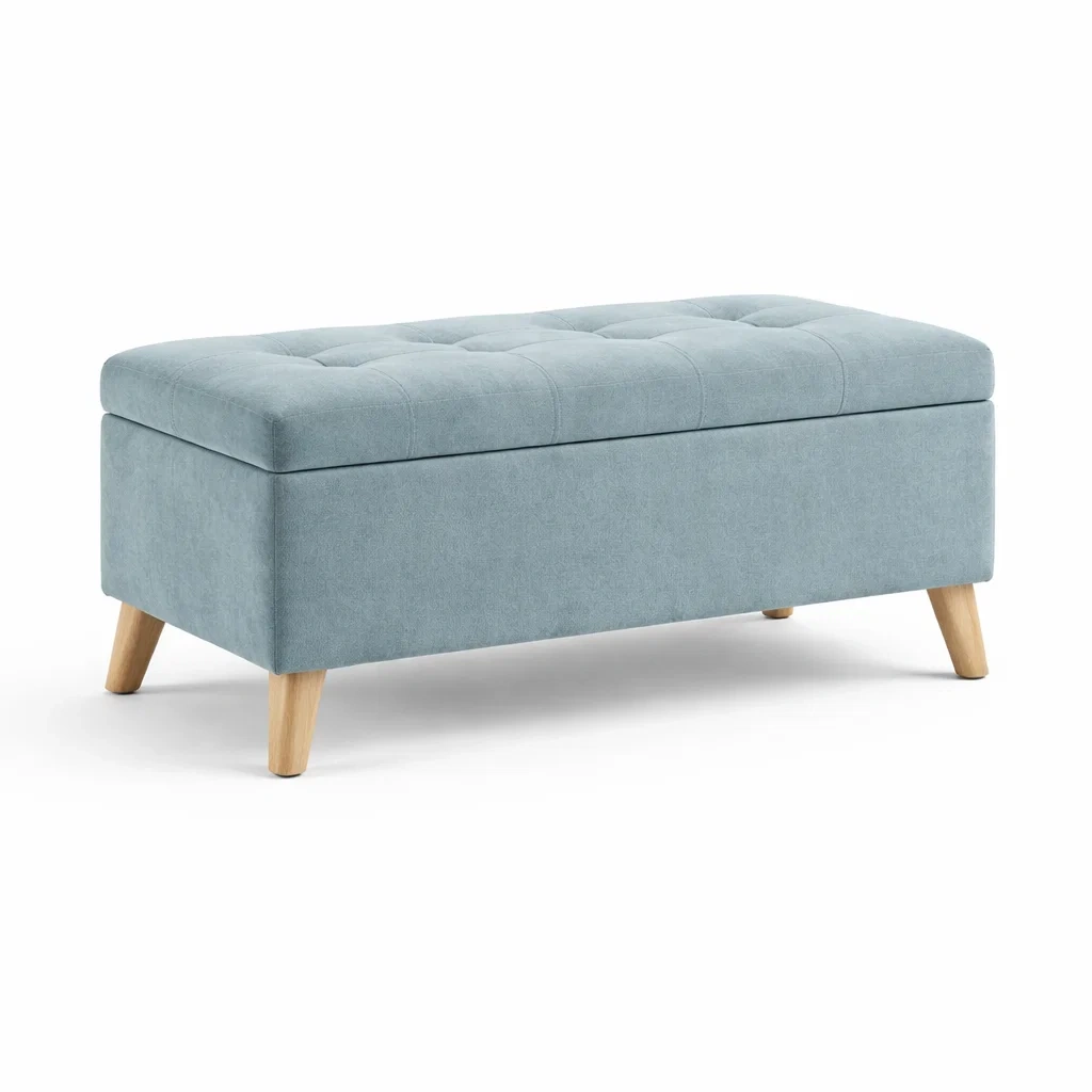 Banc de rangement en tissu bleu clair et bois-Decohousey