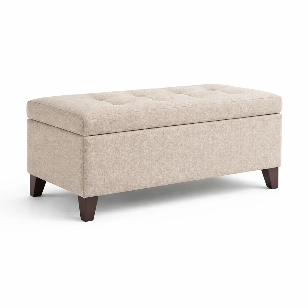 Banc de rangement en bois et tissu beige-Decohousey