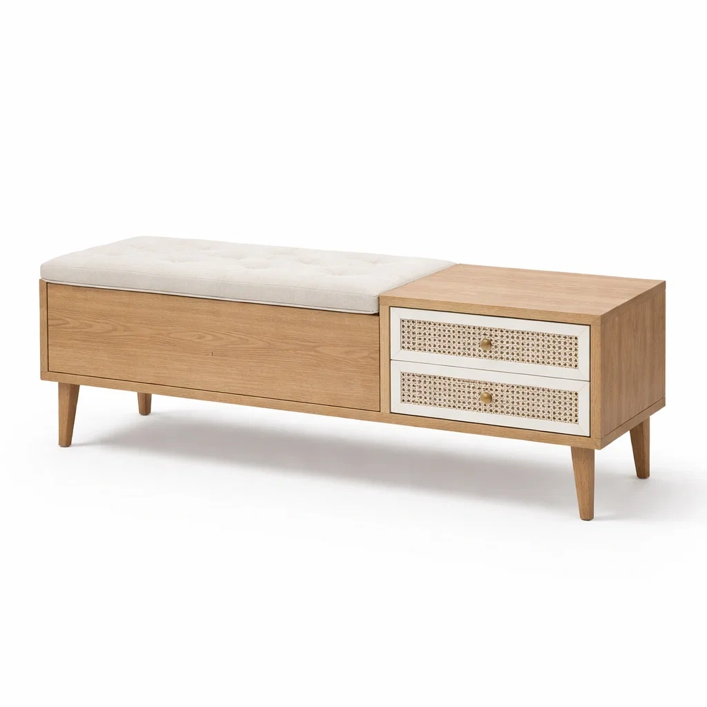 Banc de rangement en bois avec coussin en lin beige et tiroirs en rotin-Decohousey