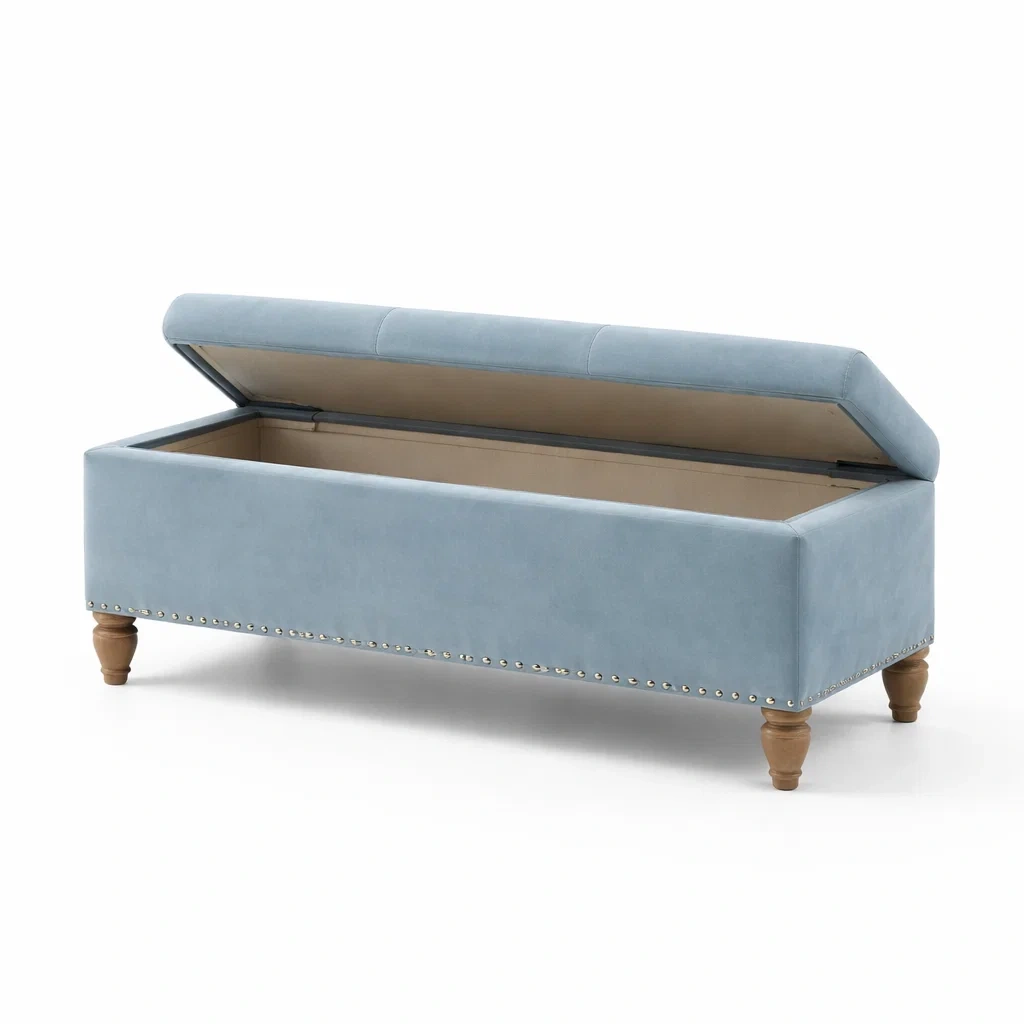 Banc de rangement en velours bleu avec pieds en bois-Decohousey