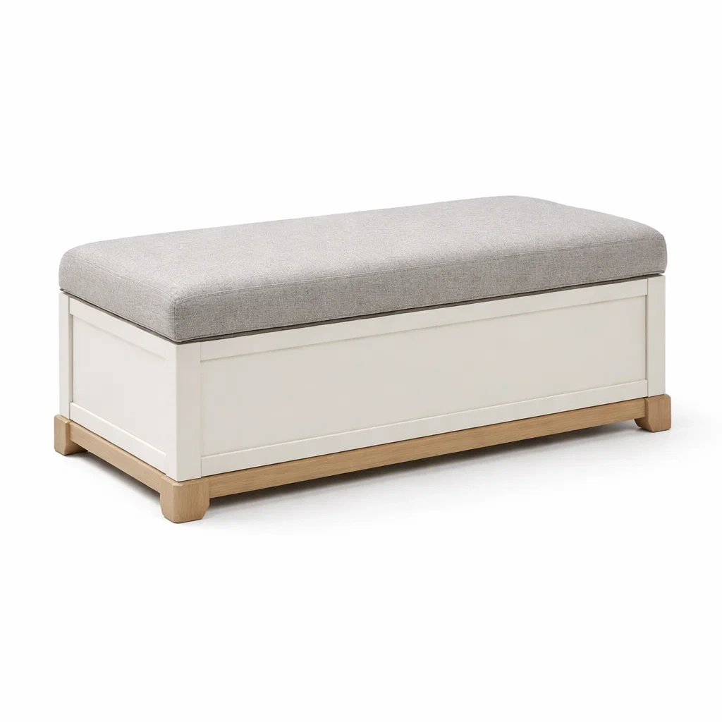 Banc de rangement en bois et tissu gris-Decohousey