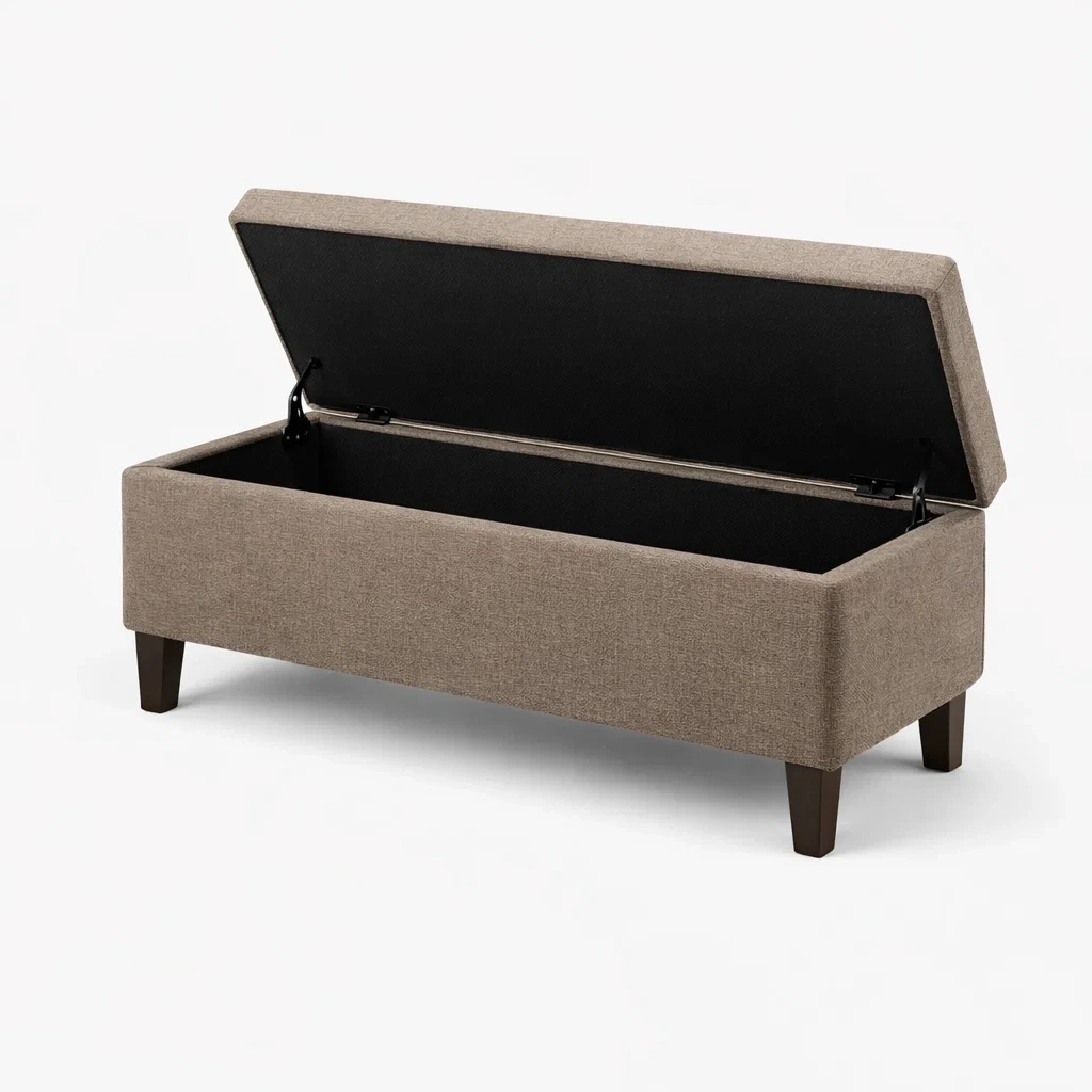 Banc de rangement en tissu polyester taupe avec pieds en bois massif-Decohousey