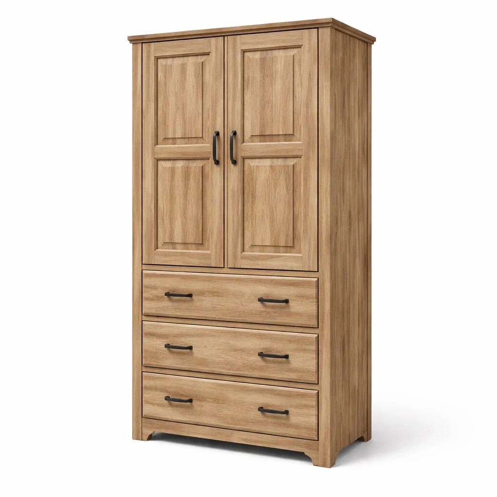 Armoire en bois armoire en chêne avec portes et tiroirs-Nestblissful