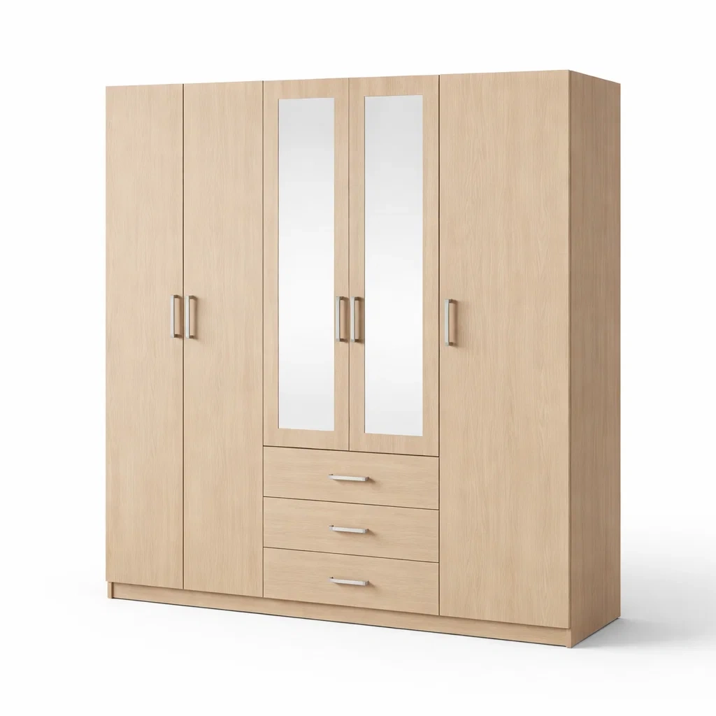 Armoire en bois armoire avec portes miroir et tiroirs-Nestblissful