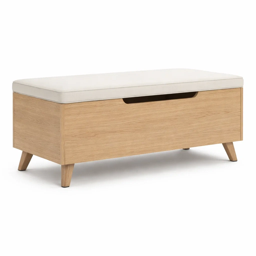 Banc de rangement en bois clair avec coussin beige-Nestblissful