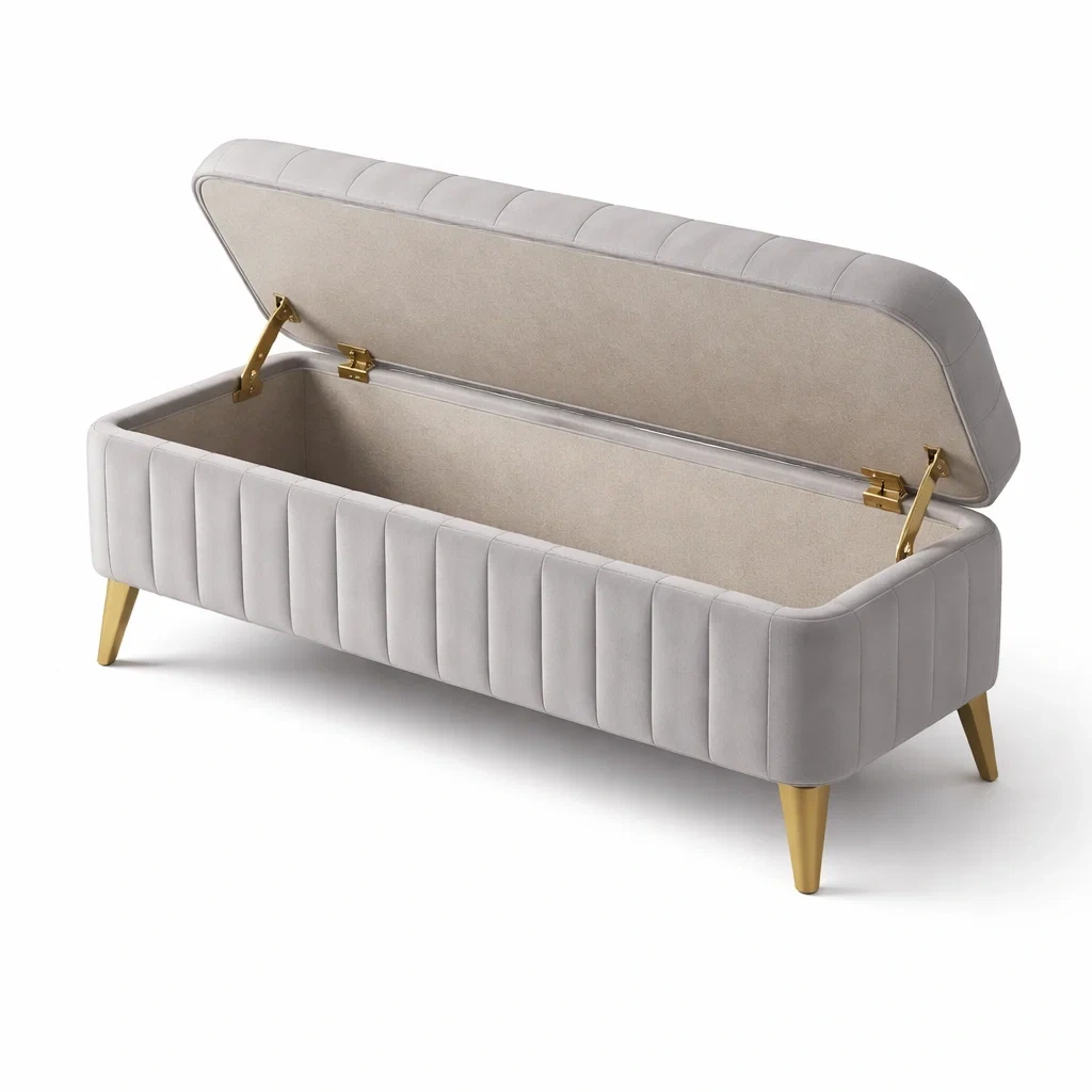 Banc de rangement en velours gris avec pieds en métal-Nestblissful