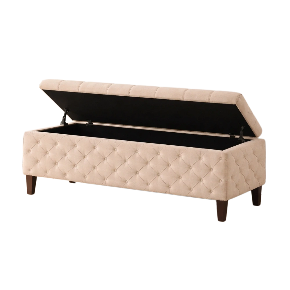 Banc de rangement en tissu beige avec pieds en bois-Nestblissful