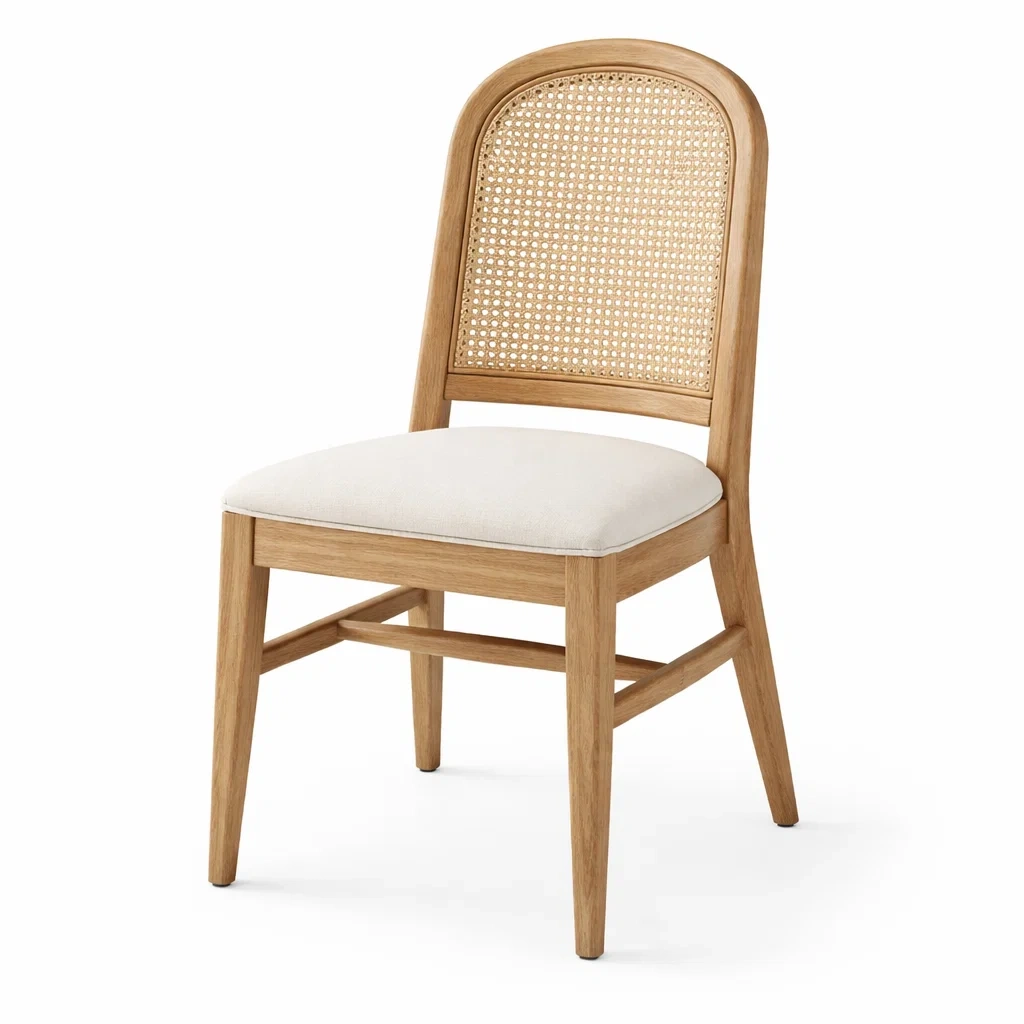 Chaise de salle à manger en bois avec dossier en rotin et assise en polyester-decorgalleryco