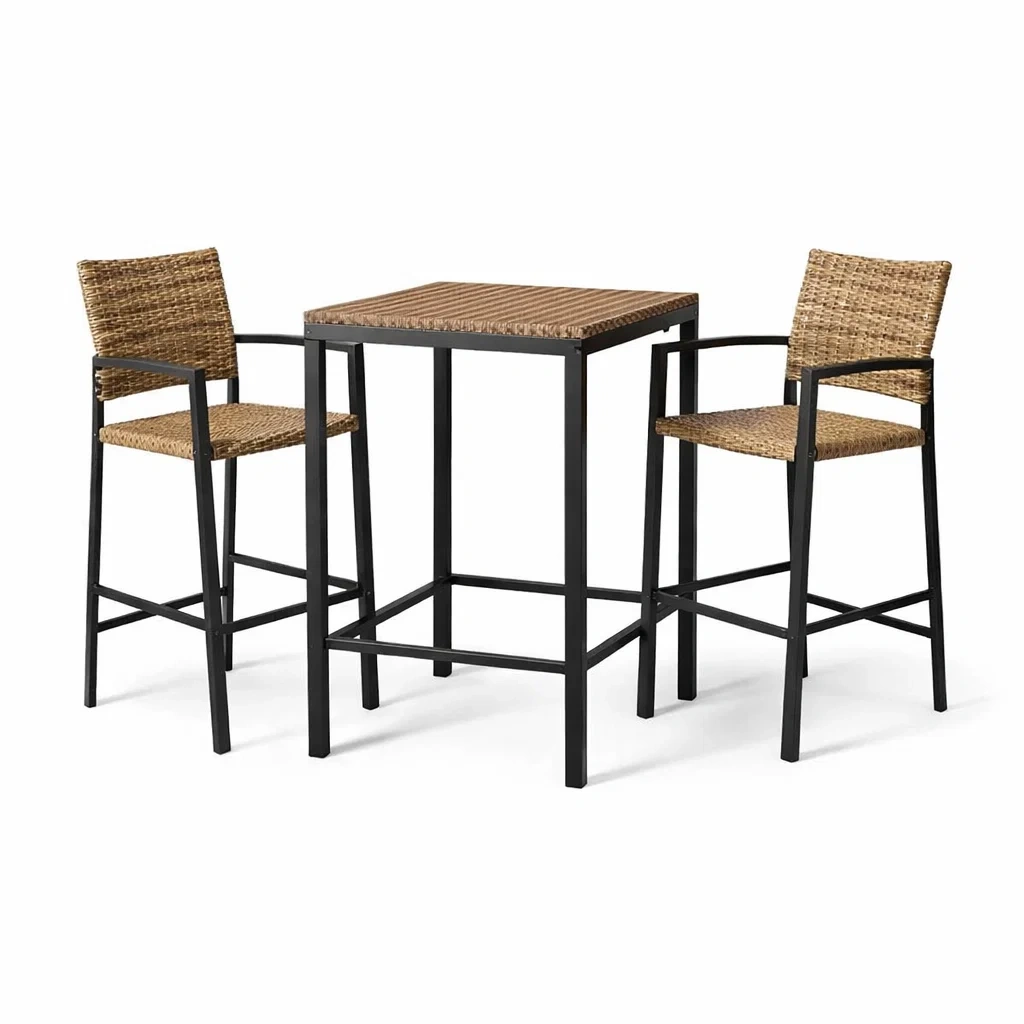 Ensemble de bar en métal et rotin tressé noir et brun avec table haute et chaises-decorgalleryco