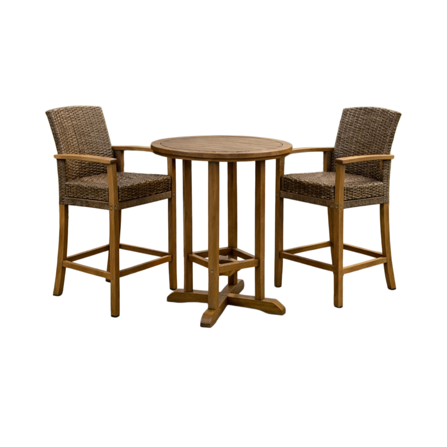 Ensemble de bar en bois et rotin brun avec table haute et chaises-decorgalleryco