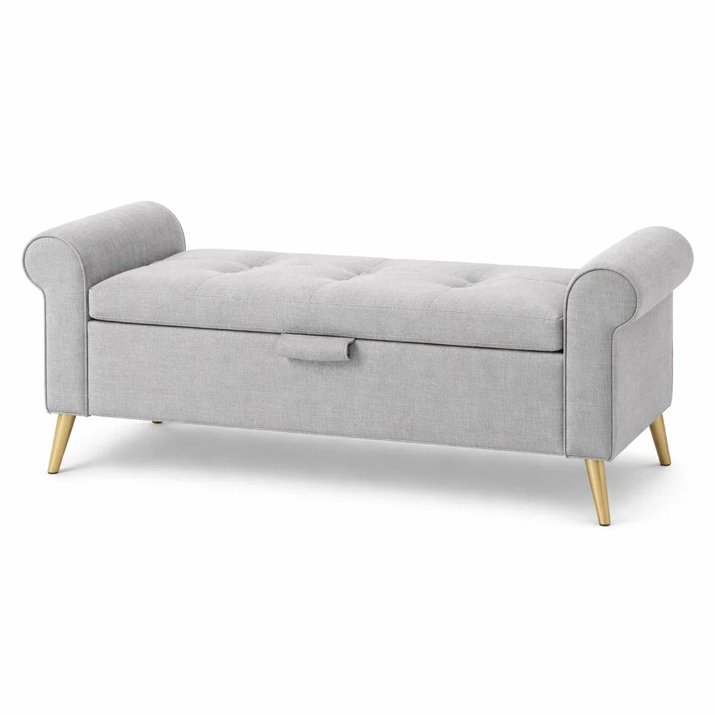 Banc de rangement en tissu avec rangement et pieds en bois-Decorscapehub
