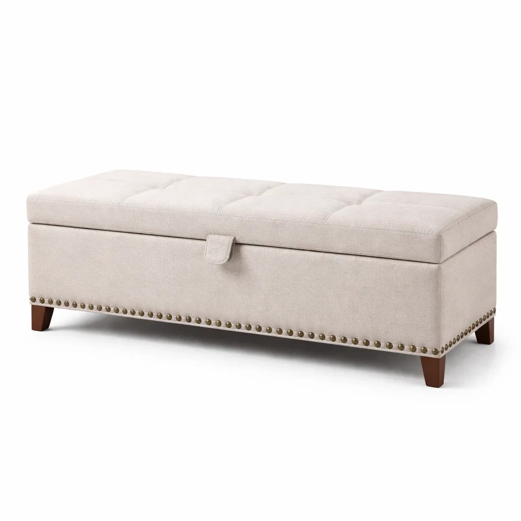 Banc de rangement en tissu beige avec pieds en bois massif-Decorscapehub