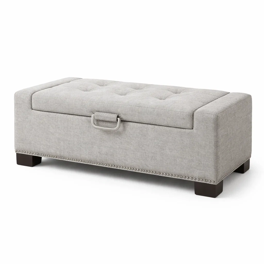 Banc de rangement en tissu polyester gris avec pieds en bois-Decorscapehub