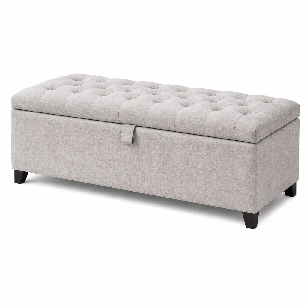 Banc de rangement en lin gris avec pieds en bois-Decorscapehub