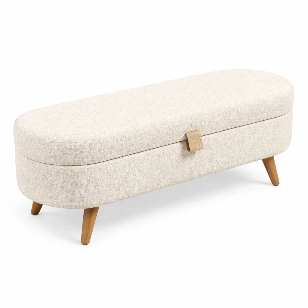 Banc de rangement en bois et tissu lin beige-Decorscapehub