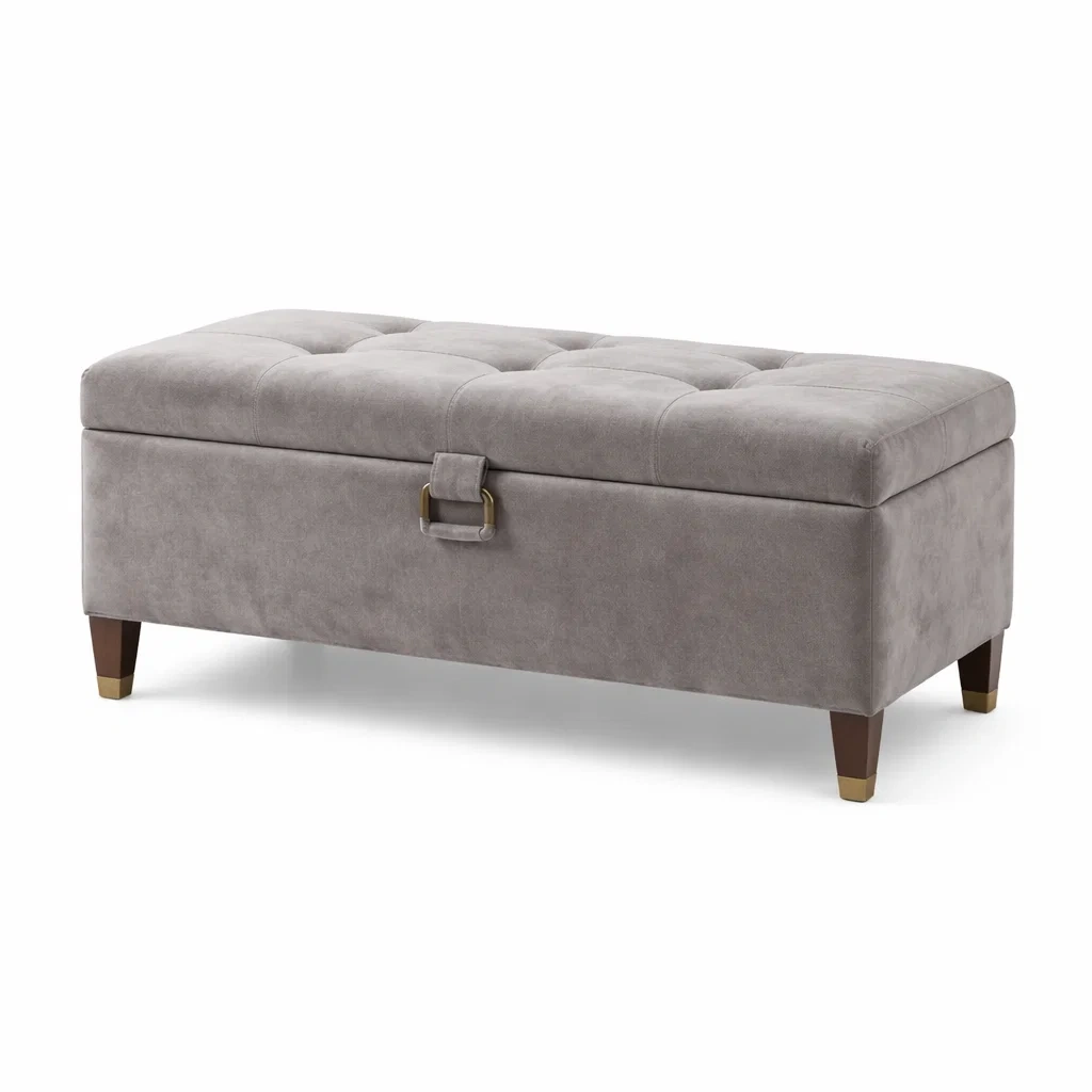Banc de rangement en velours gris avec pieds en bois-Decorscapehub