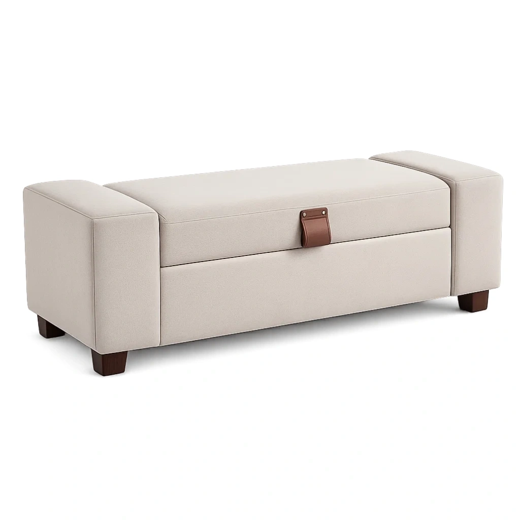 Banc de rangement en tissu beige avec pieds en bois-Decorscapehub