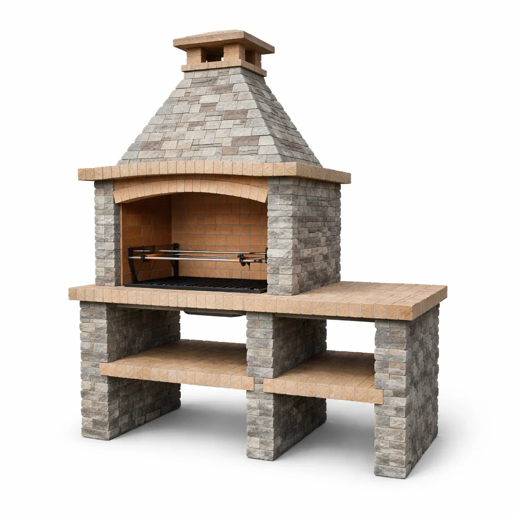 Barbecue en pierre grise et beige avec cheminée-Decorscapehub