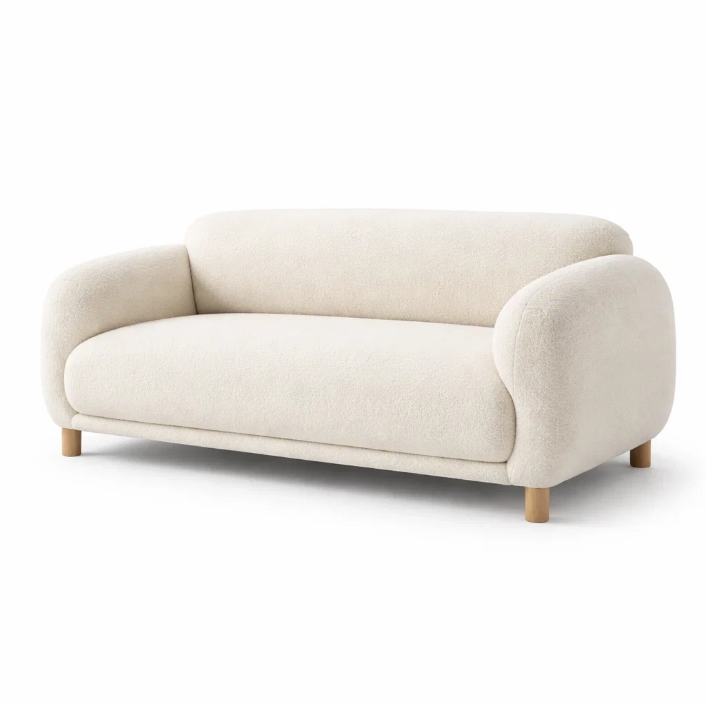 Canapé trois places en tissu bouclé blanc avec pieds en bois-Decorscapehub