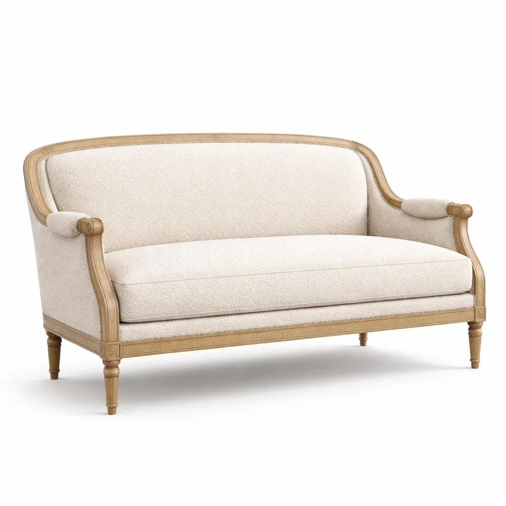 Canapé deux places en chêne et tissu beige-Decorscapehub