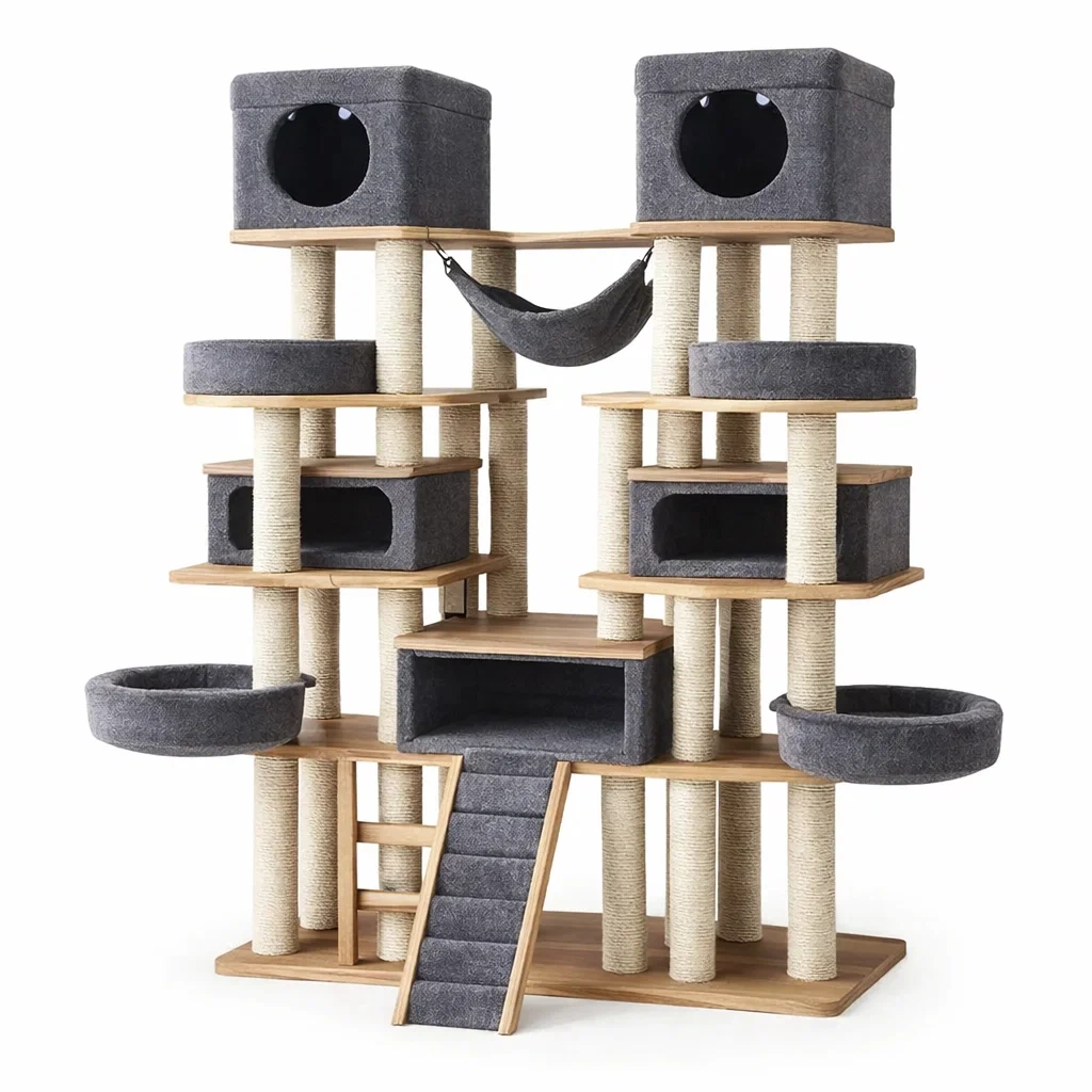 Arbre à chat en bois et tissu gris avec niches et hamacs-furniatelier