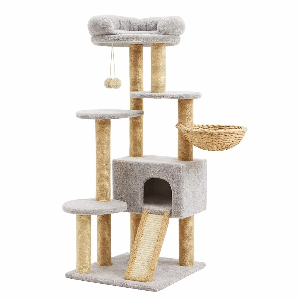 Arbre à chat en bois sisal et osier gris clair beige-furniatelier