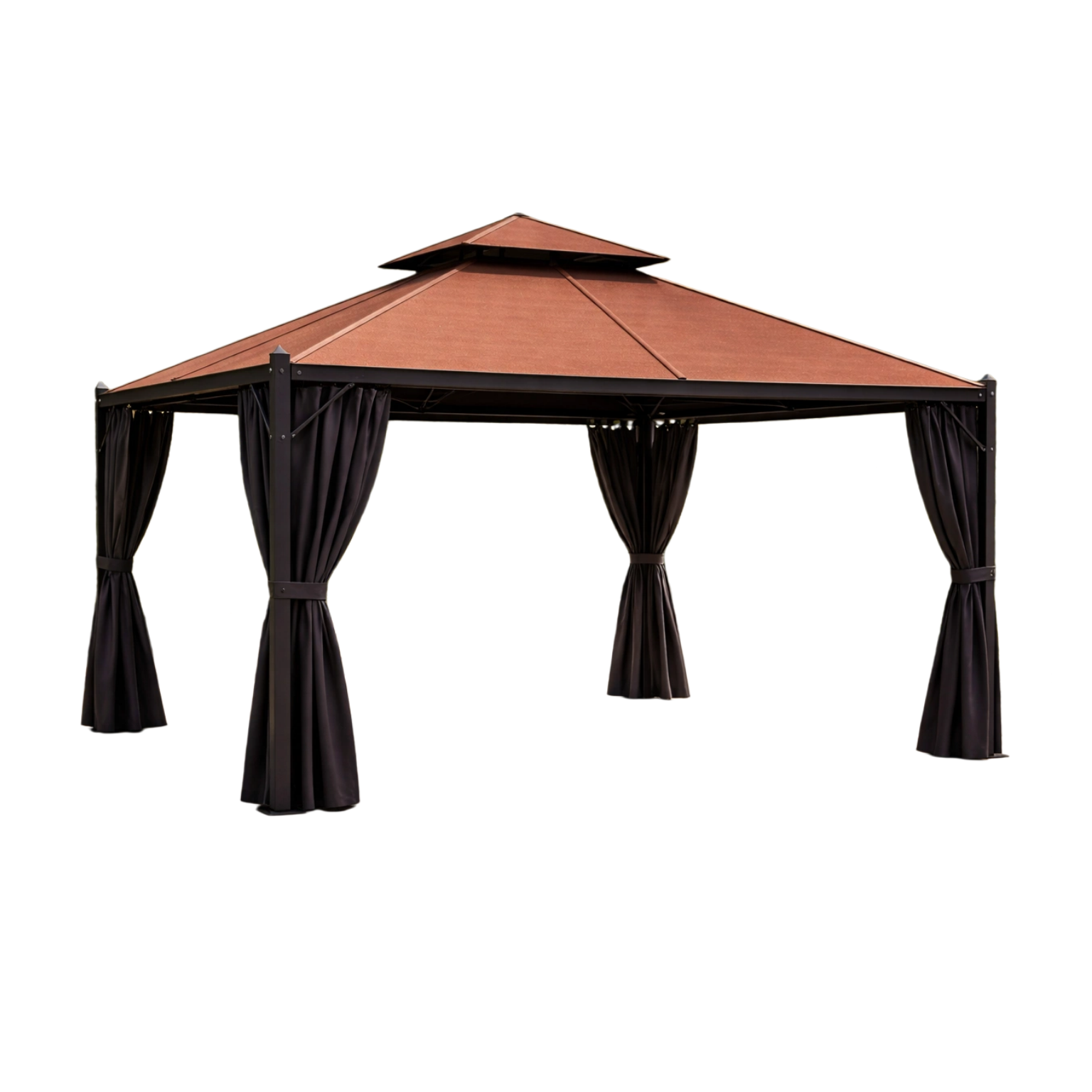 Tonnelle de jardin en métal avec toit en polycarbonate brun et rideaux noirs 3x3x2,6 m-HOMELUXIO
