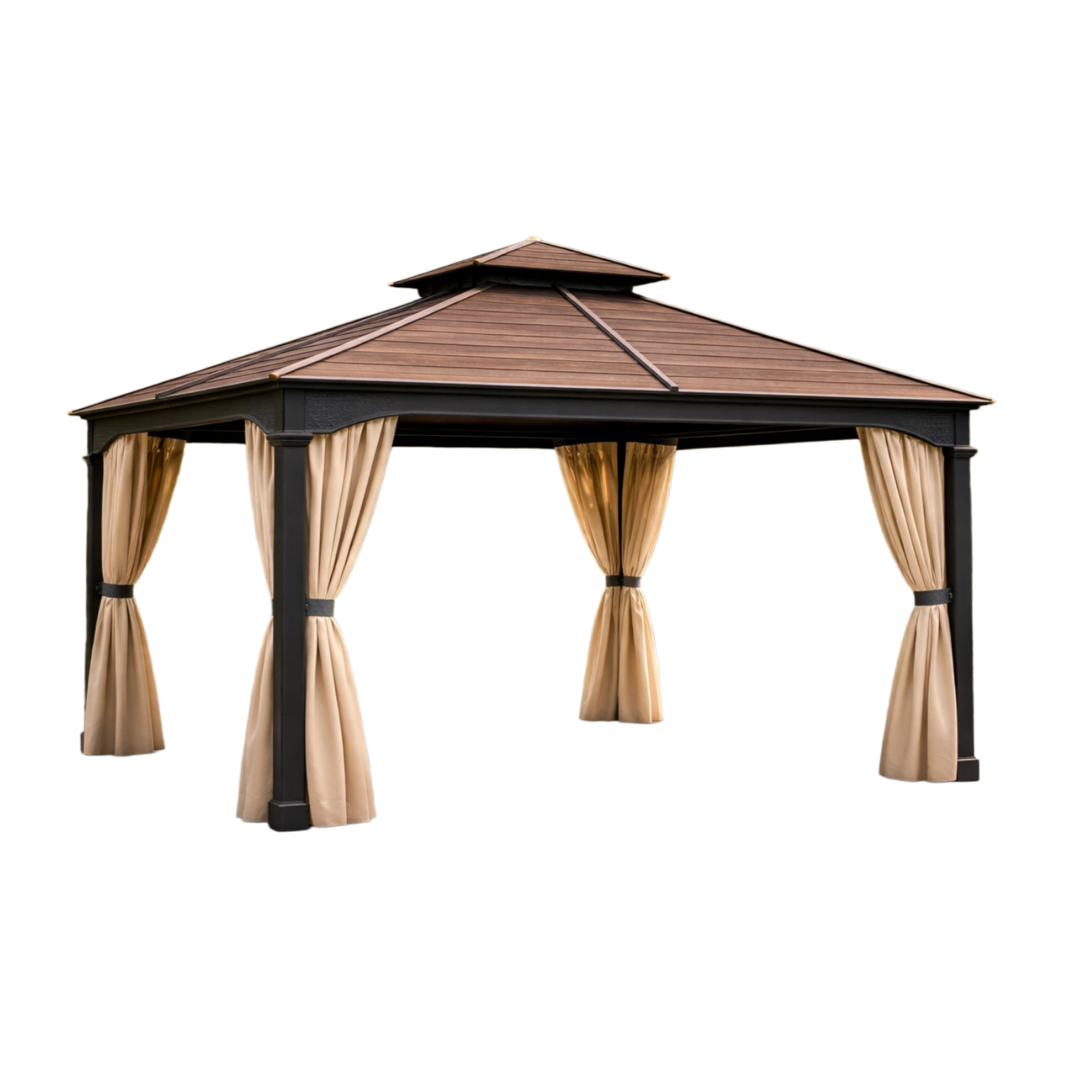 Tonnelle de jardin en aluminium avec toit en bois composite et rideaux en polyester-HOMELUXIO