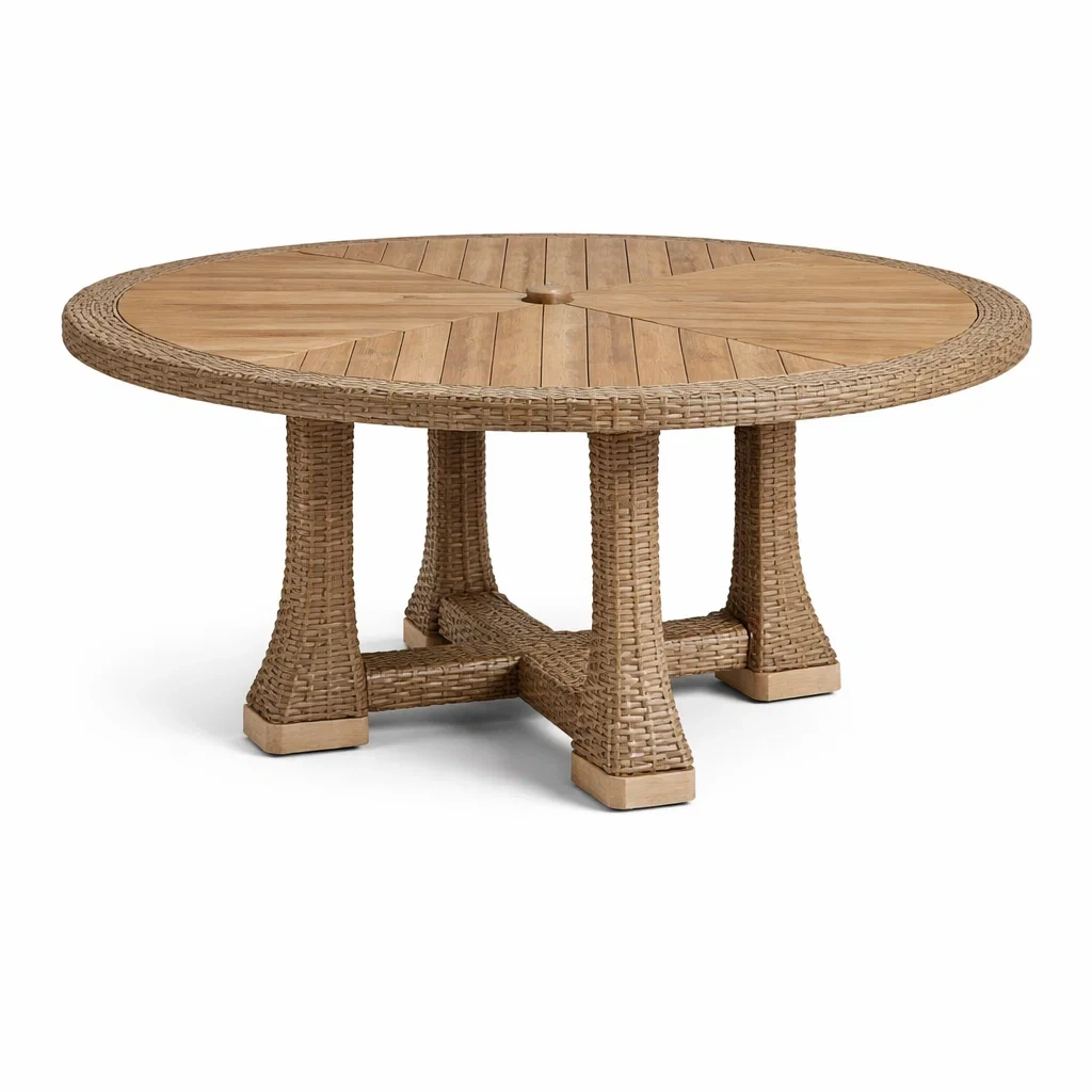 Table de jardin ronde en bois et rotin-nestkingdom