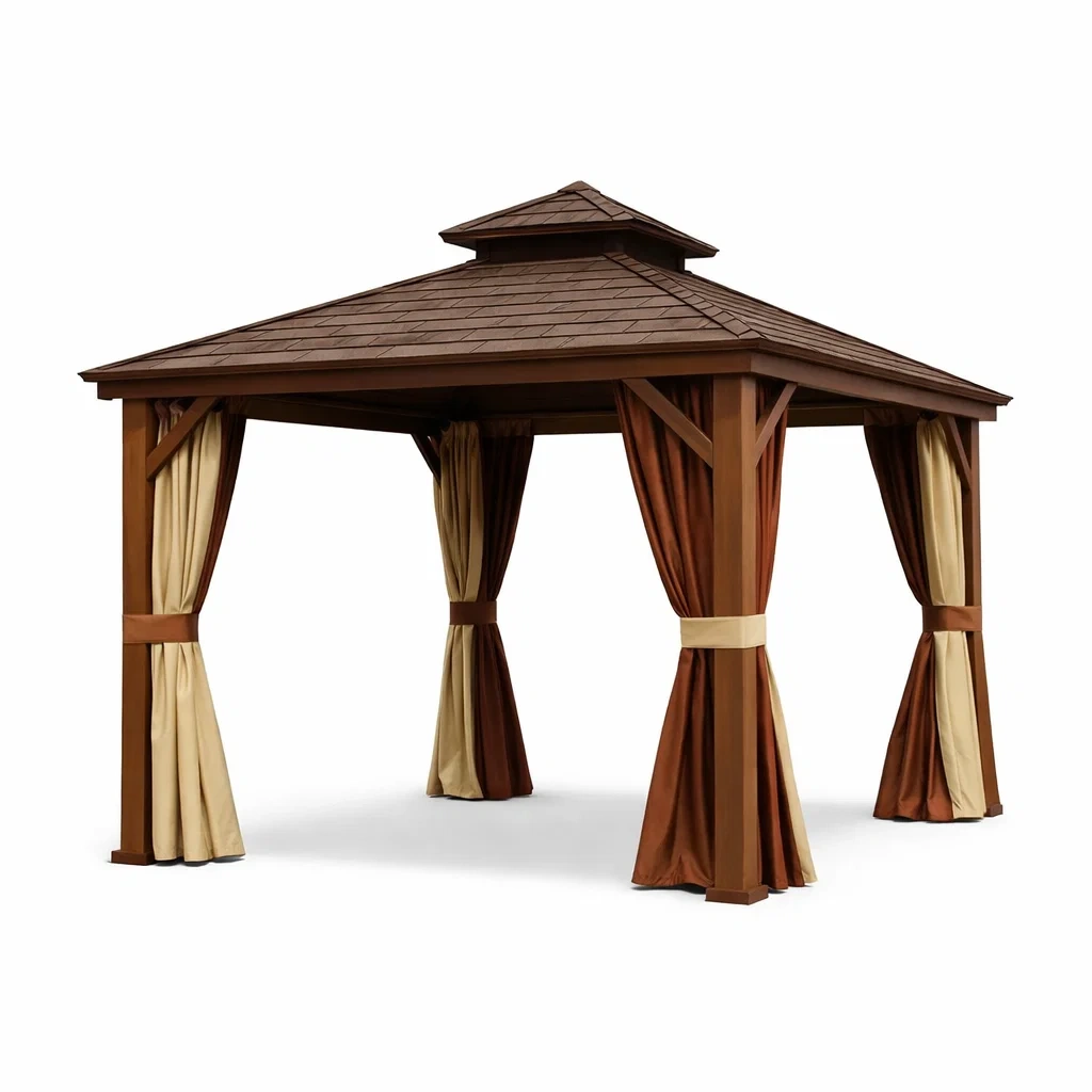 Tonnelle de jardin en bois avec rideaux en polyester marron et beige-nestkingdom