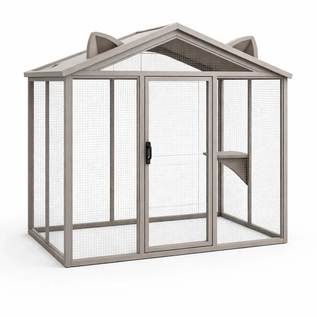 Katzenkäfig metall mit gitterwänden und satteldach grau-furnabode