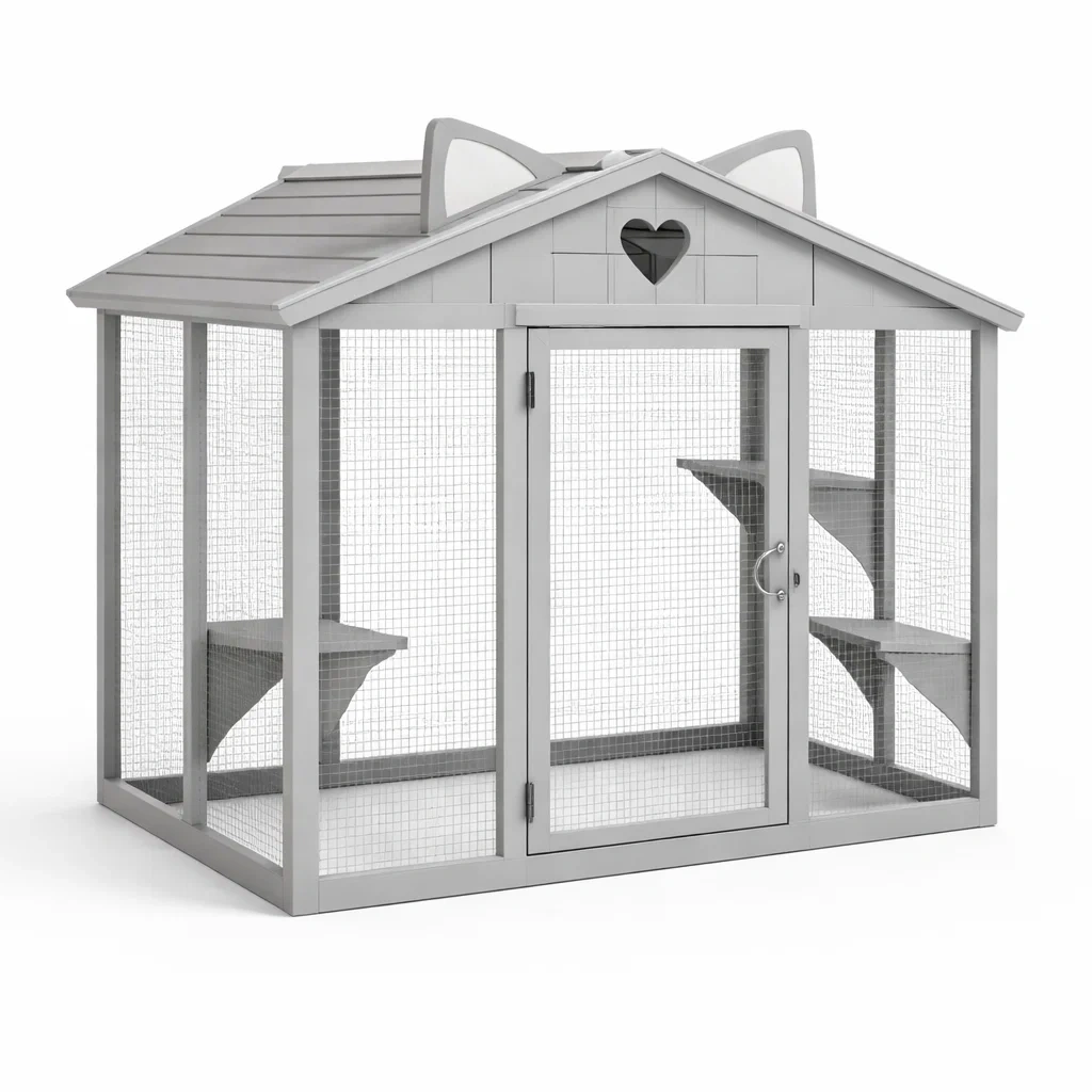 Katzenkäfig holz grau mit herzfenster und plattformen-furnabode