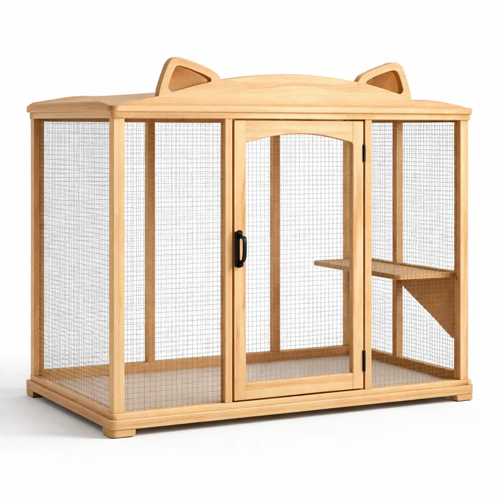 Katzenkäfig holz mit ohrendesign und maschenseiten 120 x 60 x 90 cm-furnabode