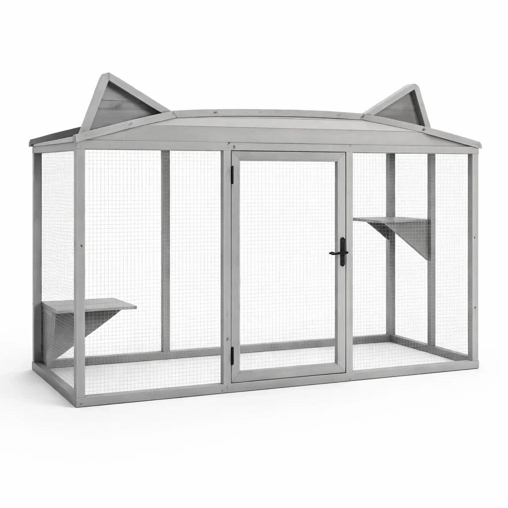 Katzenkäfig holz und metall grau 220 x 115 x 180 cm-furnabode