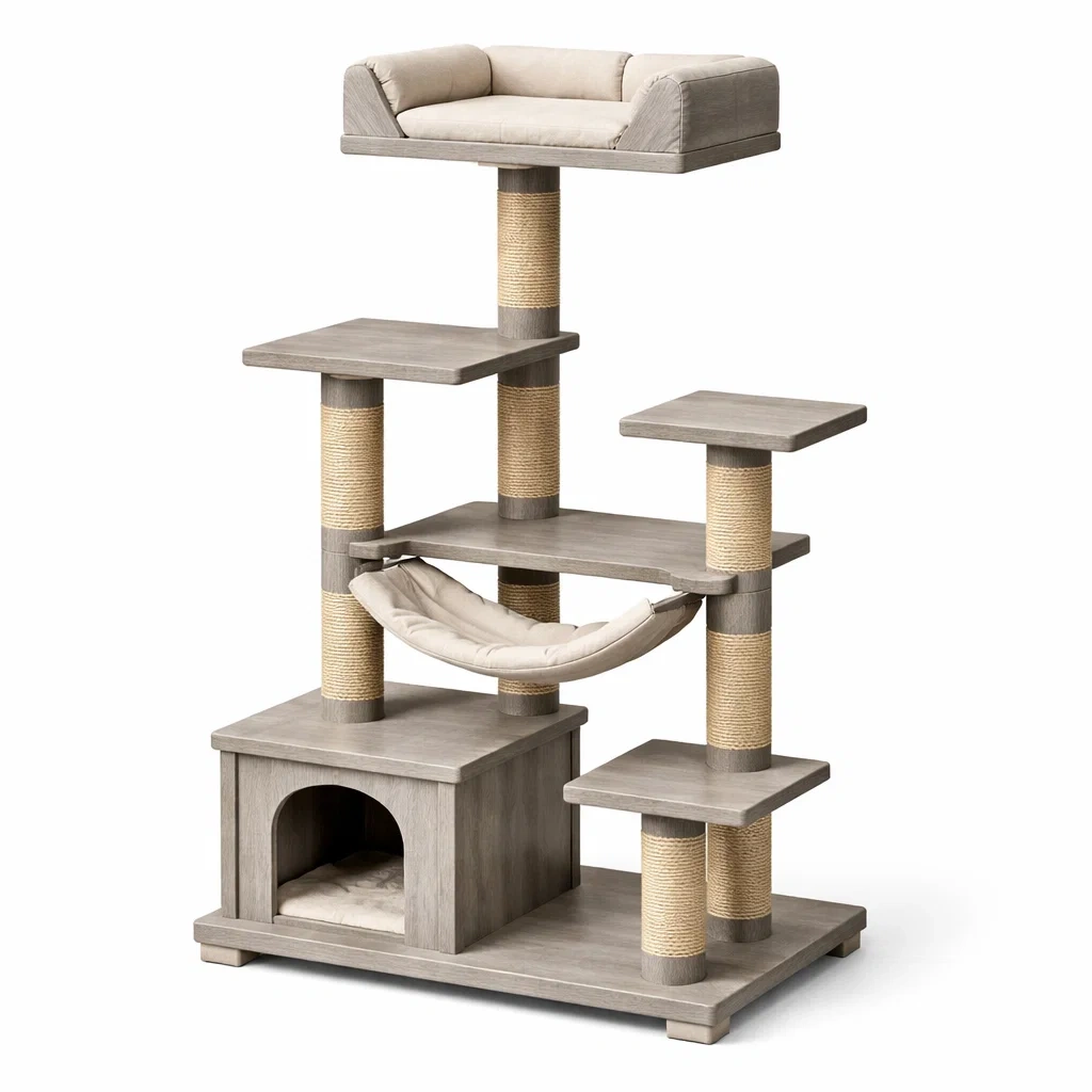 Kratzbaum mdf holz und jute mit hängematte-furnabode