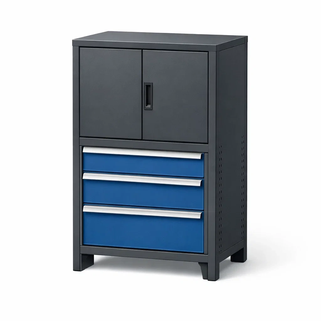 Werkzeugschrank mit schubladen stahl blau schwarz mit türen 90 x 60 x 40 cm-homvilla