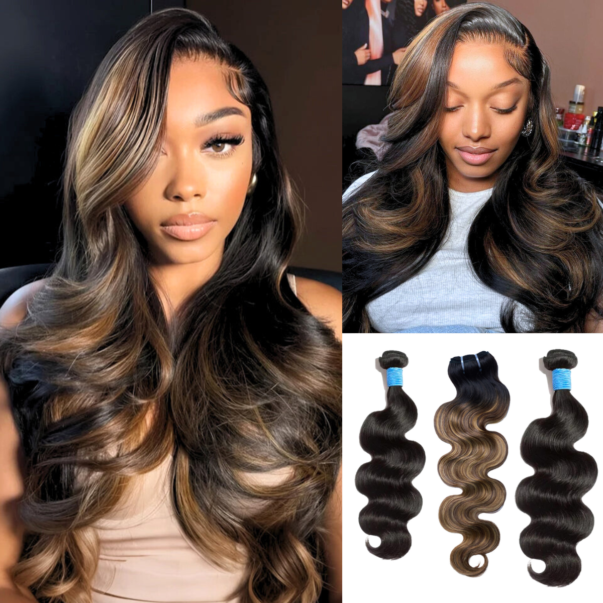 [TED'S HAIR] #1B&T1B/P4/27 Peekaboo Highlight Hair Bundles Brazilian Colored Human Hair Body Wave 10A