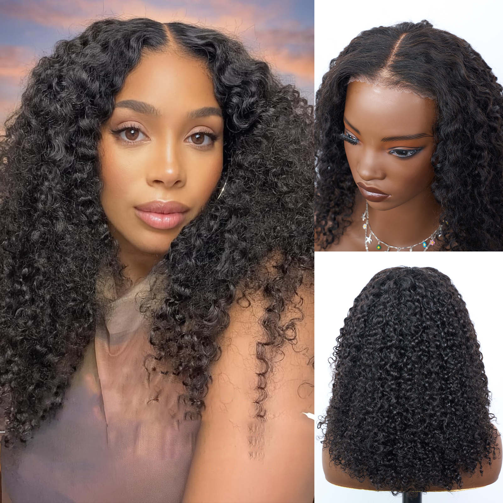 [Trippy] 16 Inch #1B Messy Curly 5*5 HD Front Lace Wig 150% Density Glueless Human Hair Seamless Blend Realistic Hairline