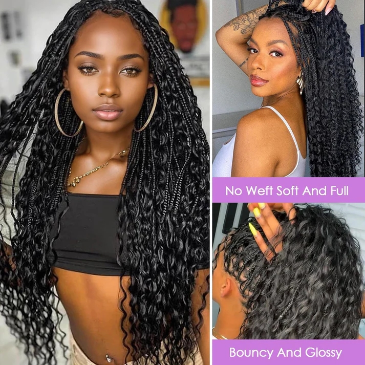 [Trippy wigs] Crochet Boho Box Braids With Synthetic hair Curls Pre Looped Curly  Full Ends Hair Extensions For Women Natural Color 18 Inch 1 Pack 15 Strands 1 Bundle 100g 18-24Inch No Weft Bulk Hair Braiding Brazilian Virgin Deep Wave Hair Extensions