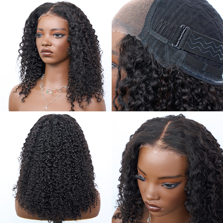 [Glueless Bundles] 16 Inch #1B Messy Curly 5*5 HD Front Lace Wig 150% Density Glueless Human Hair Seamless Blend Realistic Hairline