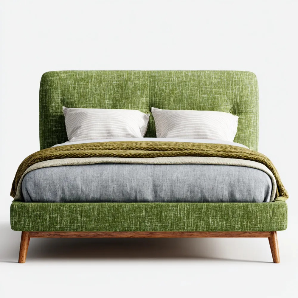Polsterbett aus Holz in Grün mit Kissen