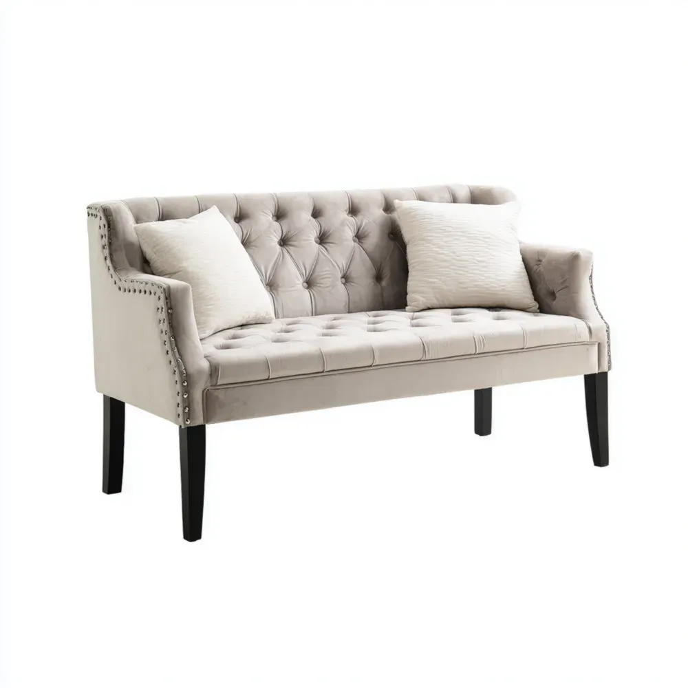Sofa 2-Sitzer Veloursstoff Beige mit Holzbeinen