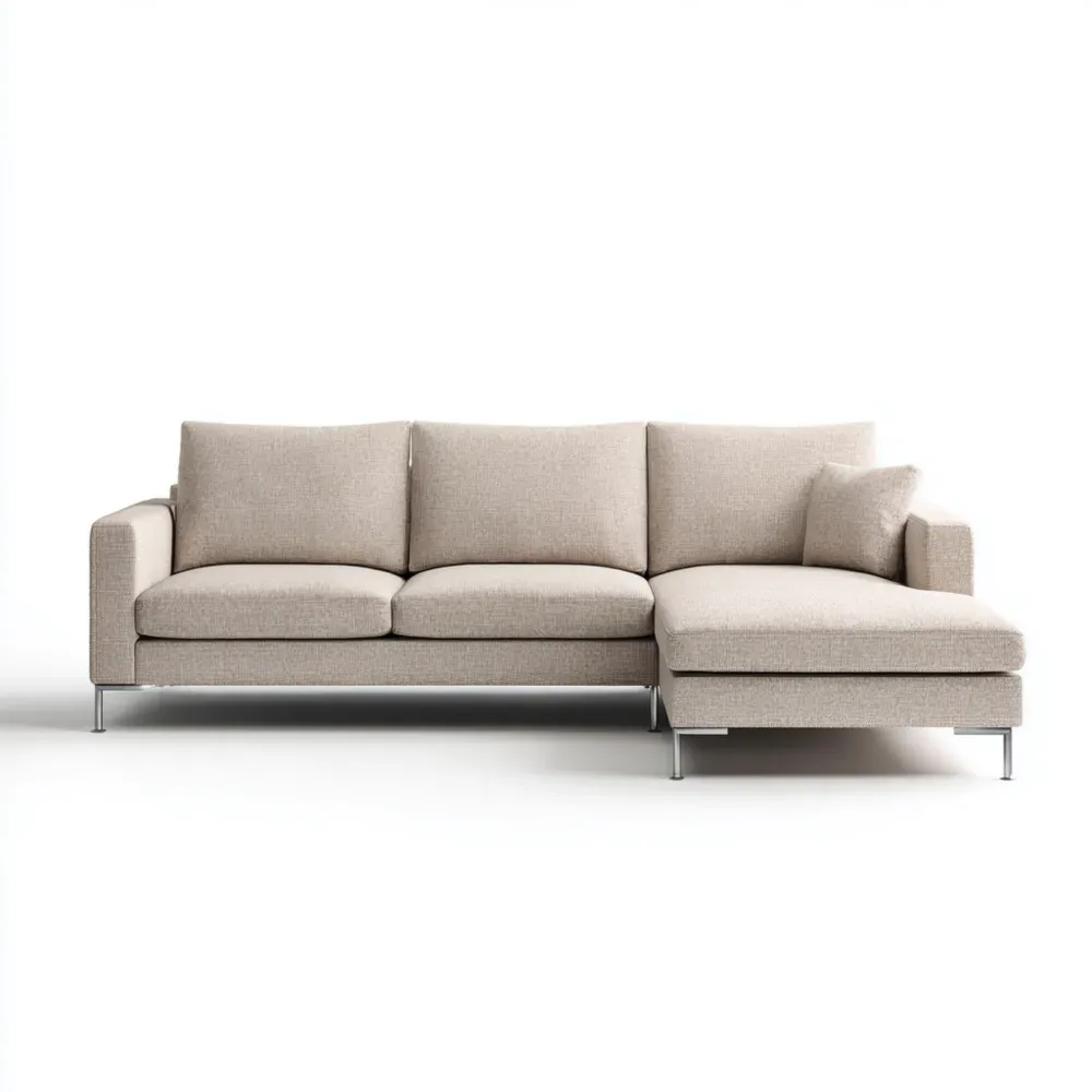 Ecksofa aus Holz und Metall mit Polyesterstoff in Beige